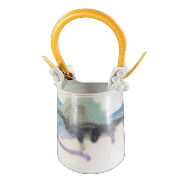 Studio Art Pottery Basket Vase With Wood Handle Artist Signed Ceramic Vintage - Picture 2 of 16